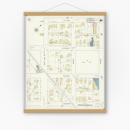 Old map wall art mockup — magnetic wood frame on white wall — Sanborn Fire Insurance Map from Lincoln, Logan County, Illinois (1909), Sheet #0016