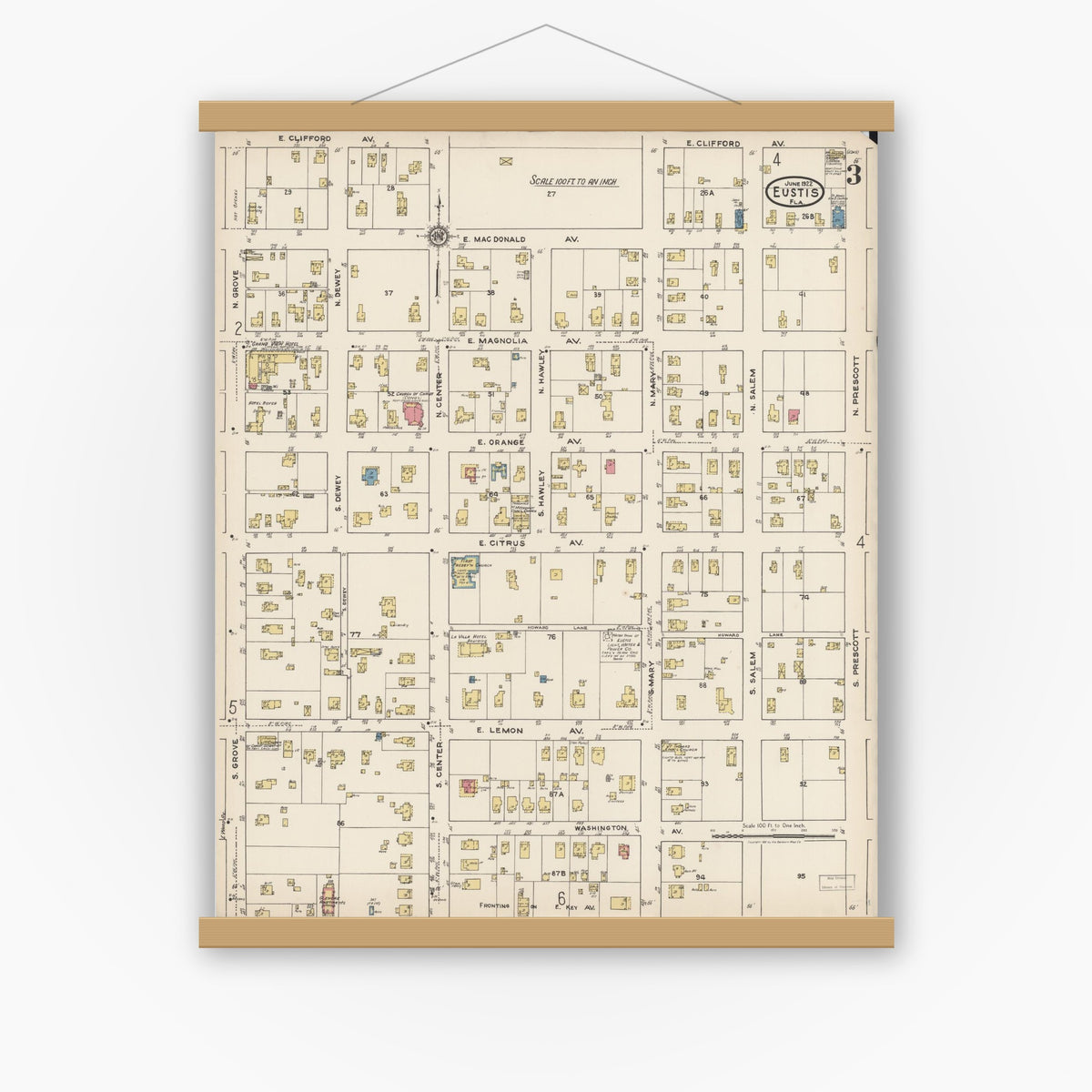 Old map wall art mockup — magnetic wood frame on white wall — Sanborn Fire Insurance Map from Eustis, Lake County, Florida (1922), Sheet #0003