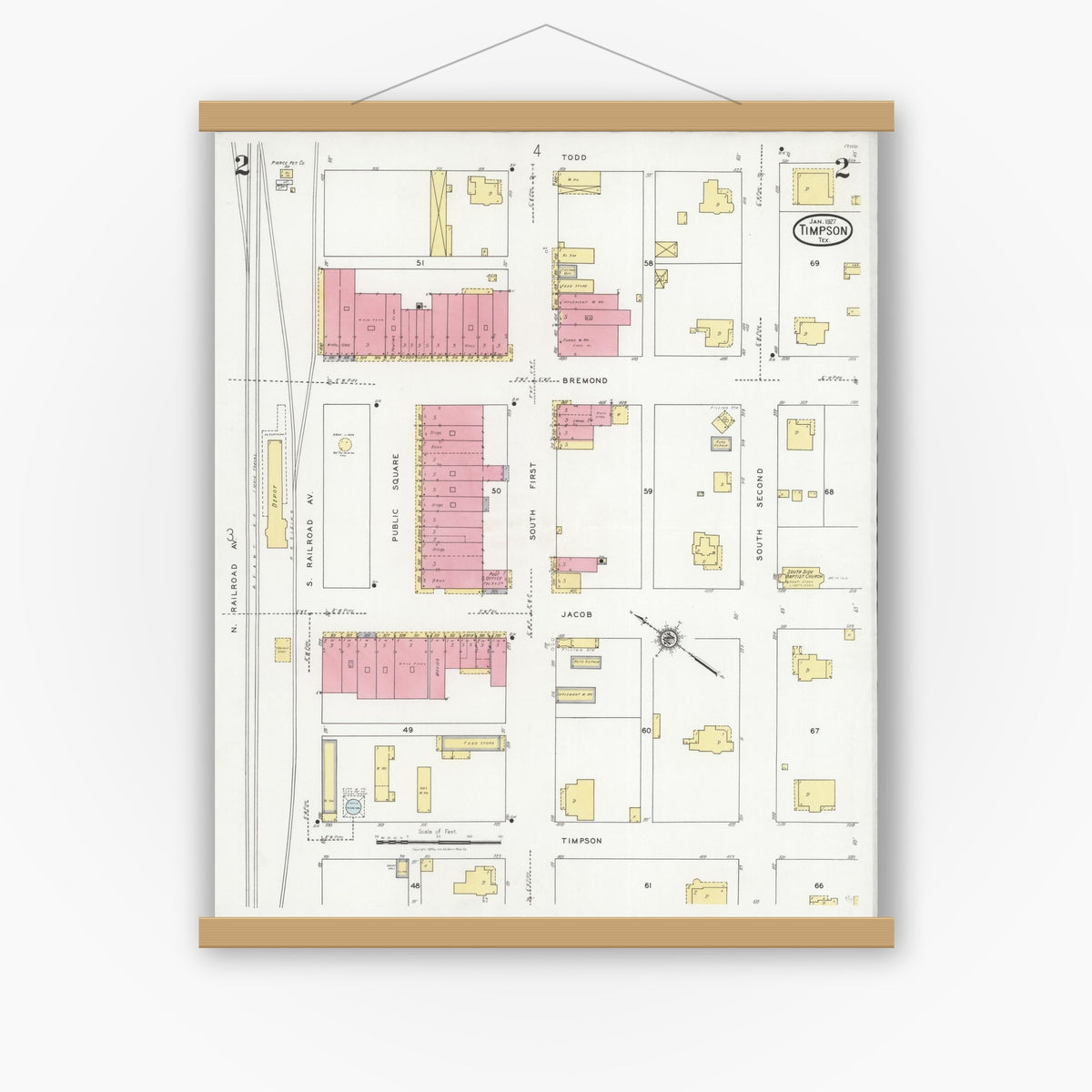 Old map wall art mockup — magnetic wood frame on white wall — Sanborn Fire Insurance Map from Timpson, Shelby County, Texas (1927), Sheet #0002