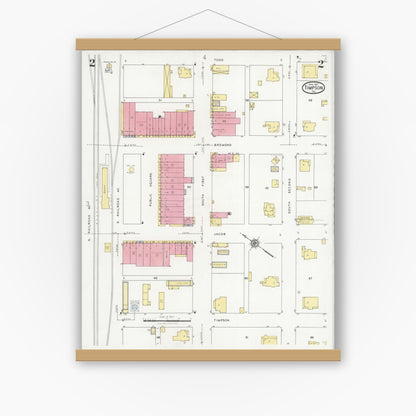 Old map wall art mockup — magnetic wood frame on white wall — Sanborn Fire Insurance Map from Timpson, Shelby County, Texas (1927), Sheet #0002