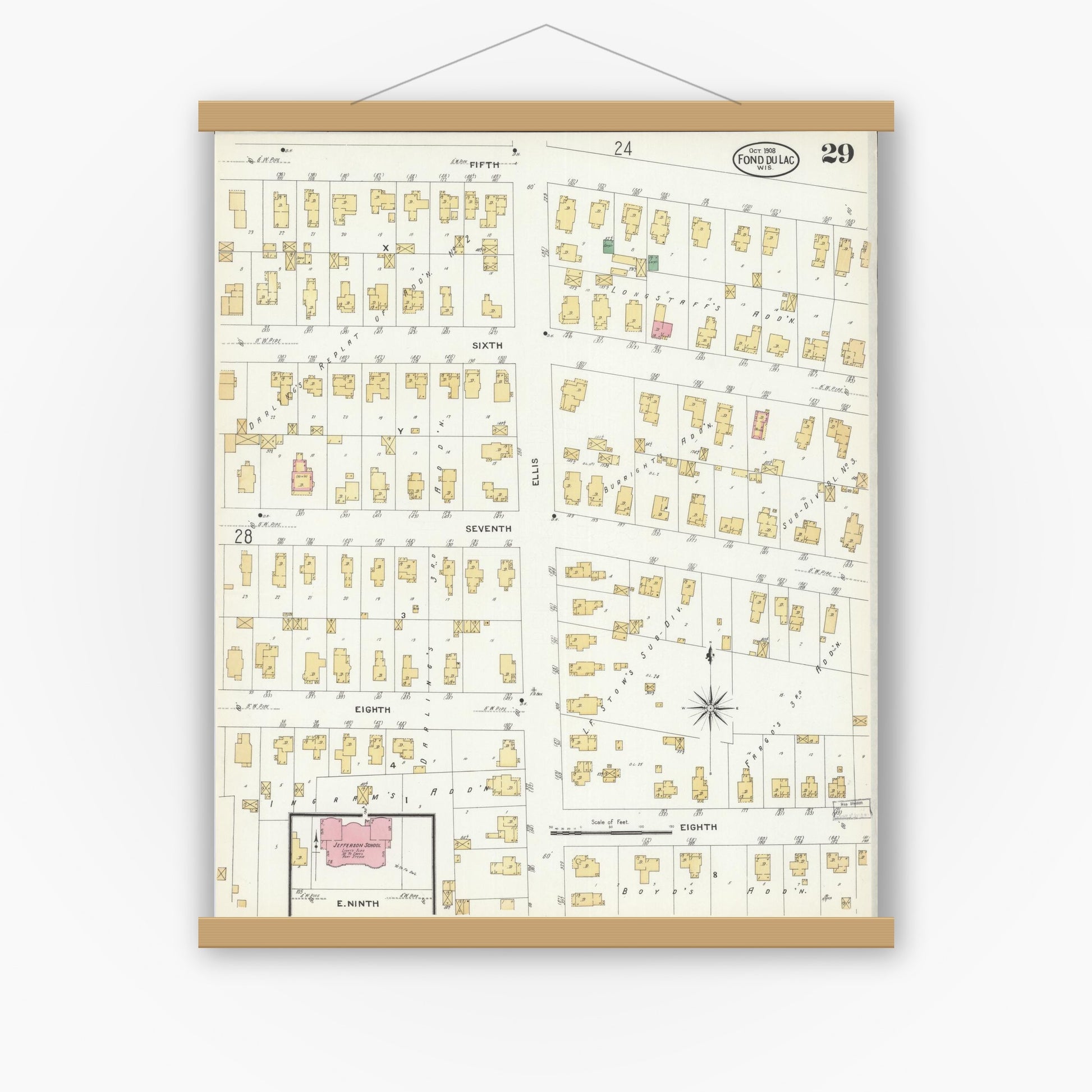 Old map wall art mockup — magnetic wood frame on white wall — Sanborn Fire Insurance Map from Fond du Lac, Fond du Lac County, Wisconsin (1908), Sheet #0029