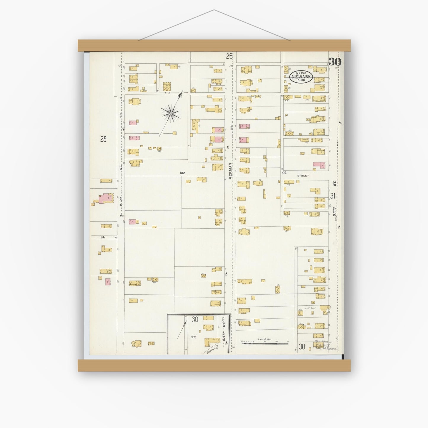 Old map wall art mockup — magnetic wood frame on white wall — Sanborn Fire Insurance Map from Newark, Licking County, Ohio (1905), Sheet #0030