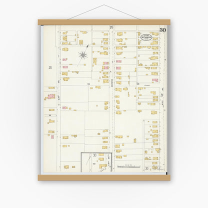 Old map wall art mockup — magnetic wood frame on white wall — Sanborn Fire Insurance Map from Newark, Licking County, Ohio (1905), Sheet #0030