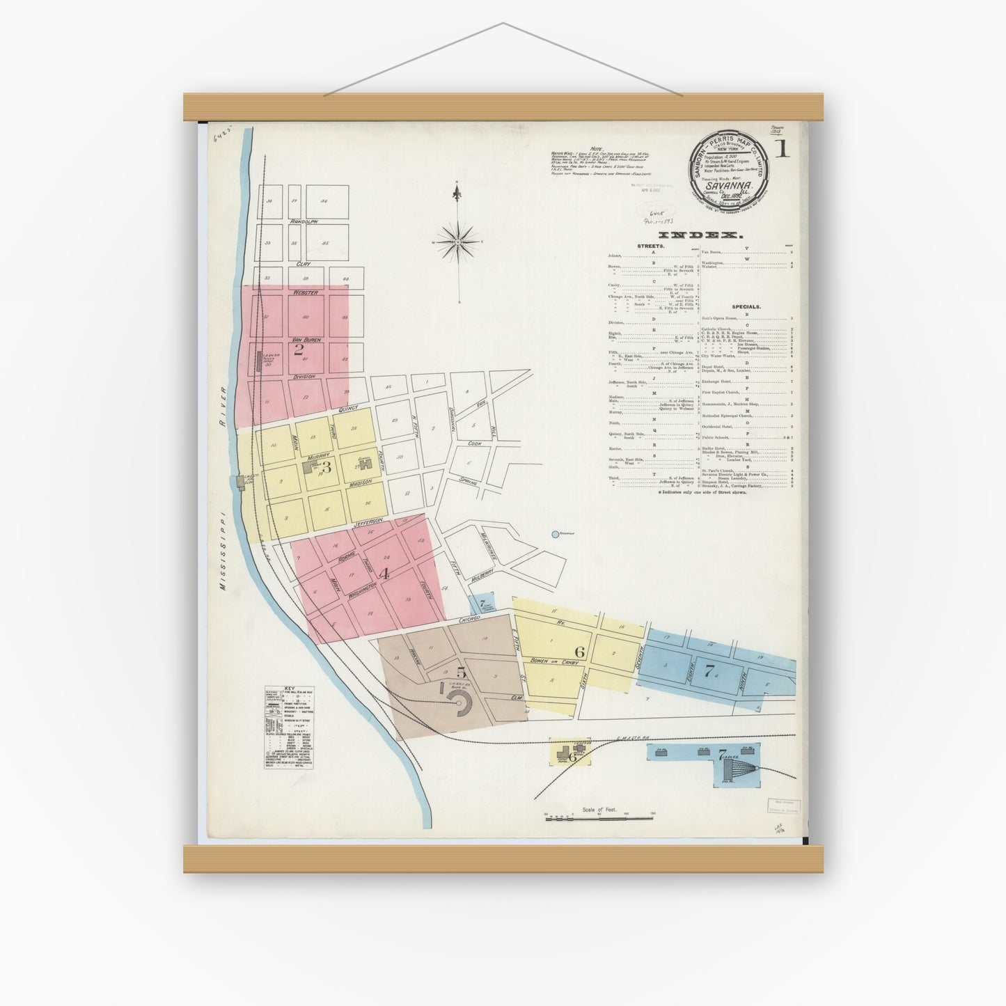 Old map wall art mockup — magnetic wood frame on white wall — Sanborn Fire Insurance Map from Savanna, Carroll County, Illinois (1892) - Complete Map Set