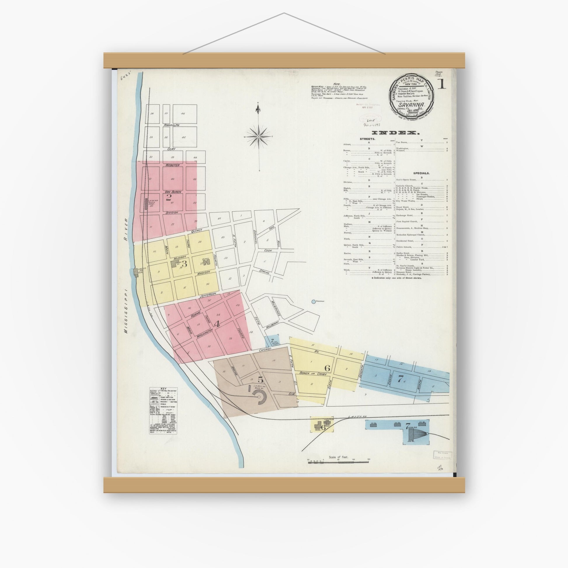 Old map wall art mockup — magnetic wood frame on white wall — Sanborn Fire Insurance Map from Savanna, Carroll County, Illinois (1892) - Complete Map Set