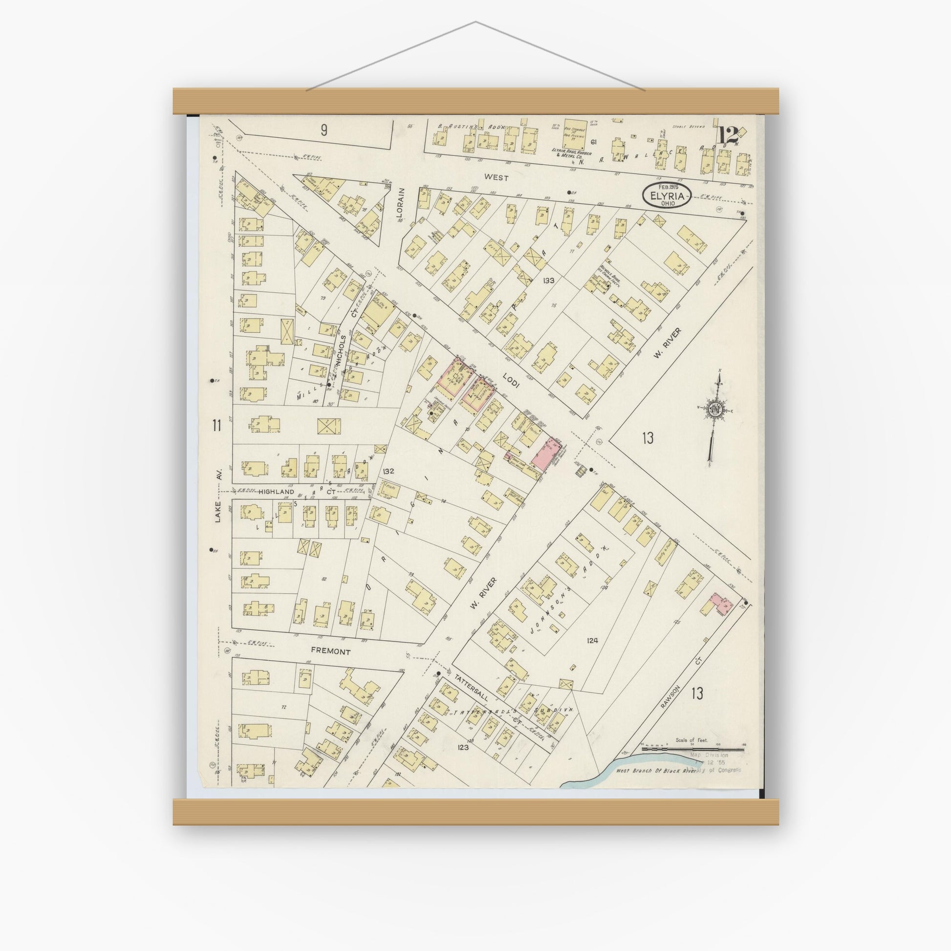 Old map wall art mockup — magnetic wood frame on white wall — Sanborn Fire Insurance Map from Elyria, Lorain County, Ohio (1915), Sheet #0012