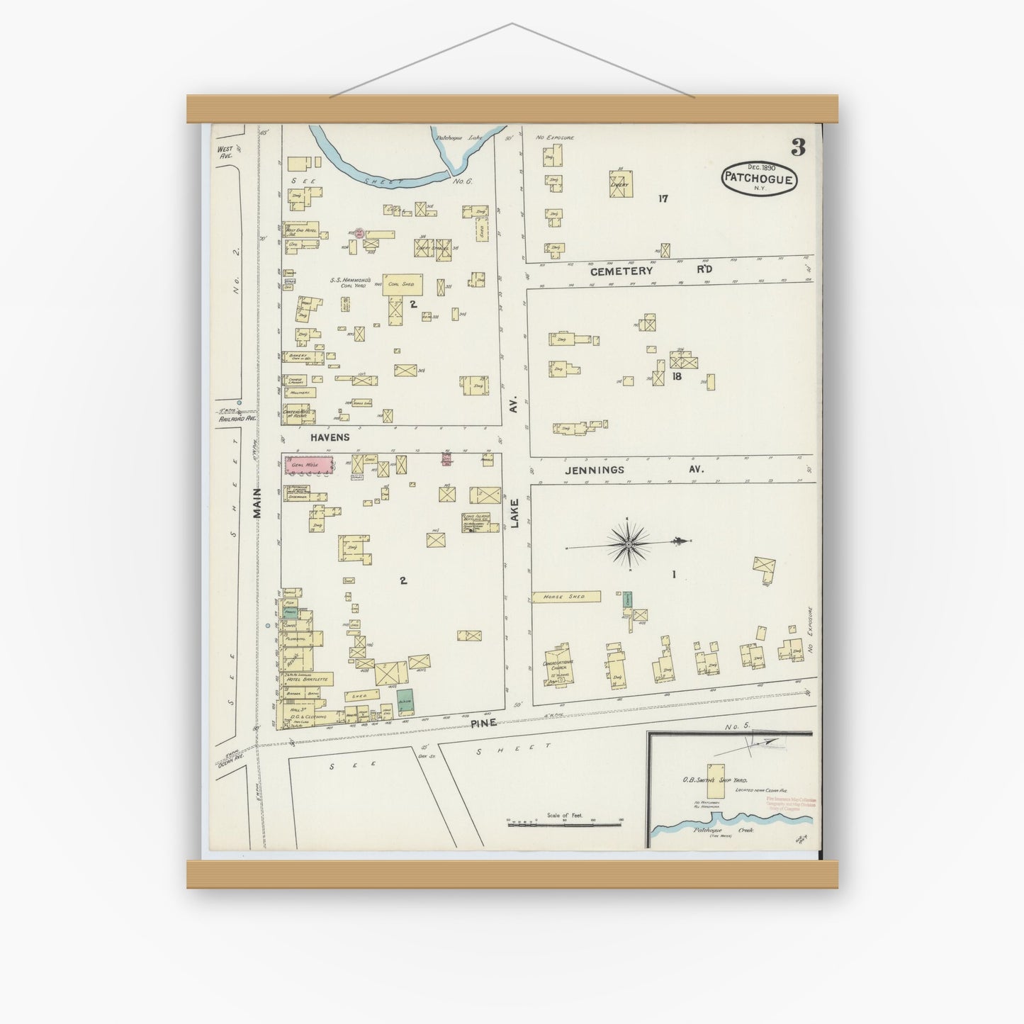 Old map wall art mockup — magnetic wood frame on white wall — Sanborn Fire Insurance Map from Patchogue, Suffolk County, New York (1891), Sheet #0003