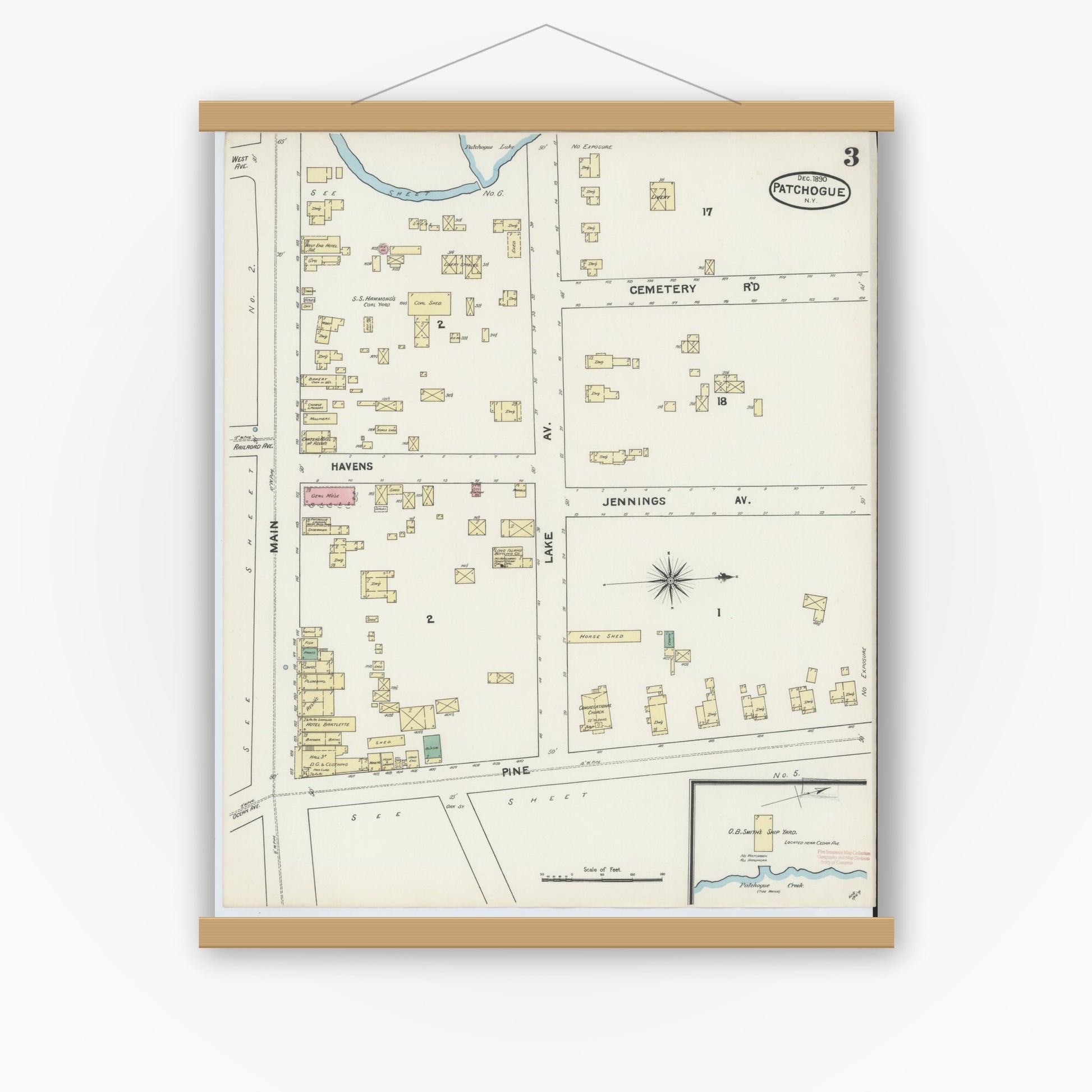Old map wall art mockup — magnetic wood frame on white wall — Sanborn Fire Insurance Map from Patchogue, Suffolk County, New York (1891), Sheet #0003
