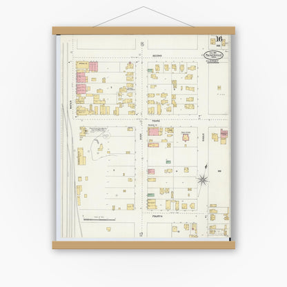 Old map wall art mockup — magnetic wood frame on white wall — Sanborn Fire Insurance Map from Painesville, Lake County, Ohio (1904), Sheet #0016