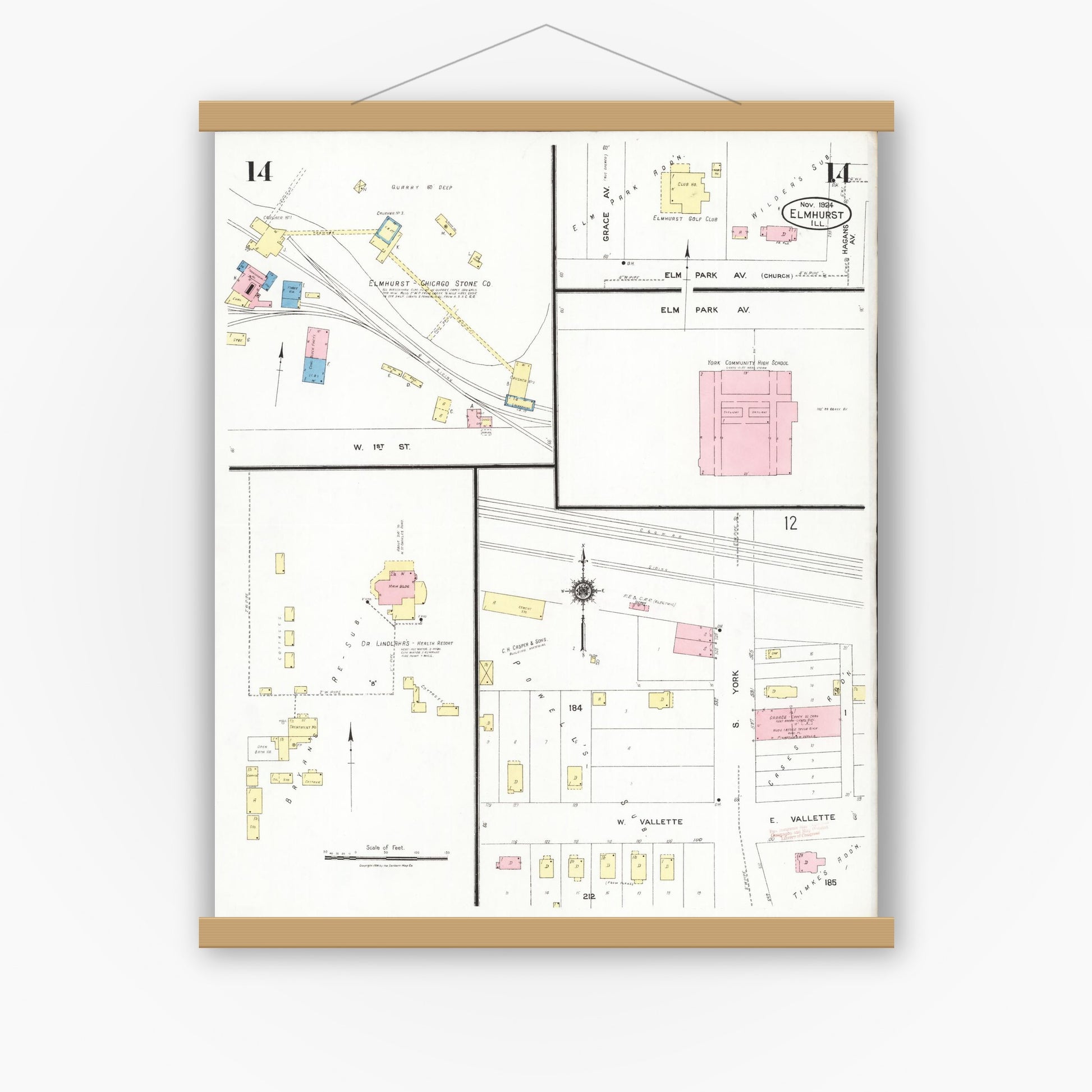 Old map wall art mockup — magnetic wood frame on white wall — Sanborn Fire Insurance Map from Elmhurst, Du Page County, Illinois (1924), Sheet #0014