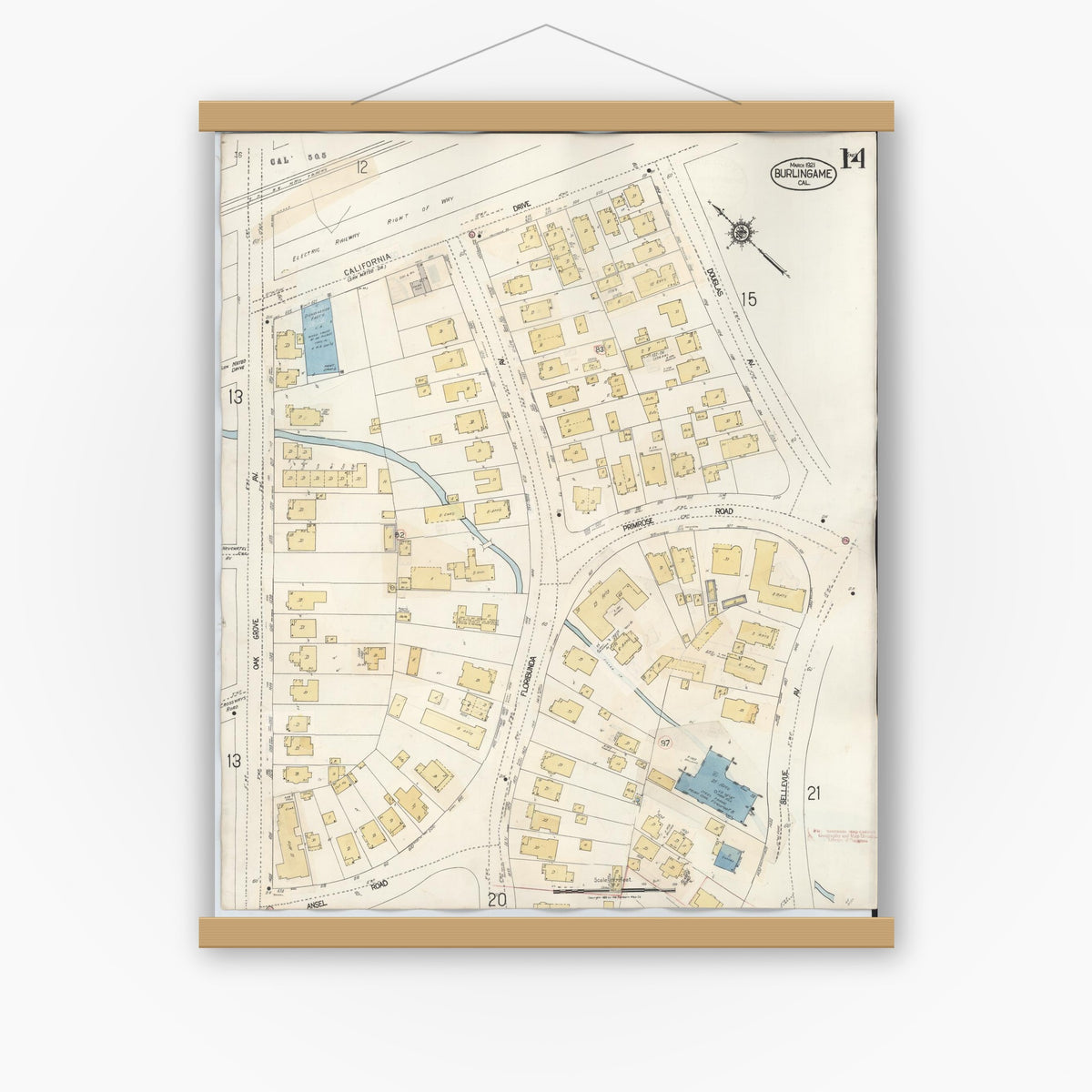 Old map wall art mockup — magnetic wood frame on white wall — Sanborn Fire Insurance Map from Burlingame, San Mateo County, California (1949), Sheet #0014