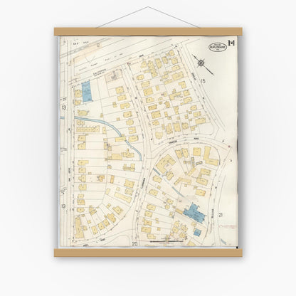 Old map wall art mockup — magnetic wood frame on white wall — Sanborn Fire Insurance Map from Burlingame, San Mateo County, California (1949), Sheet #0014