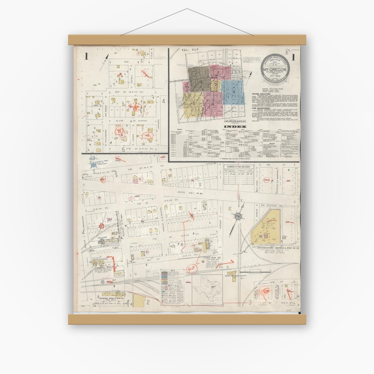 Old map wall art mockup — magnetic wood frame on white wall — Sanborn Fire Insurance Map from McGregor, McLennan County, Texas (1942), Sheet #0001