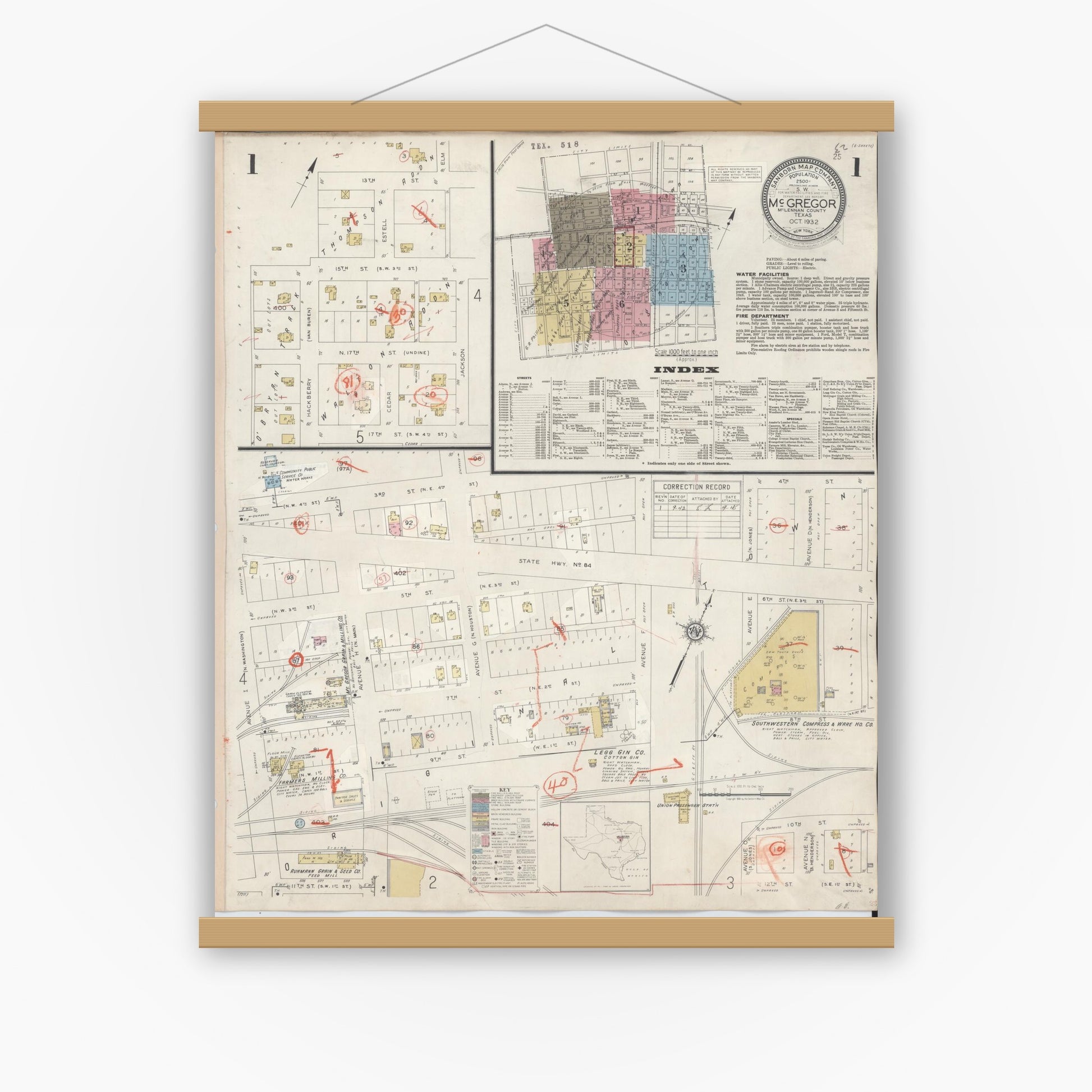Old map wall art mockup — magnetic wood frame on white wall — Sanborn Fire Insurance Map from McGregor, McLennan County, Texas (1942), Sheet #0001