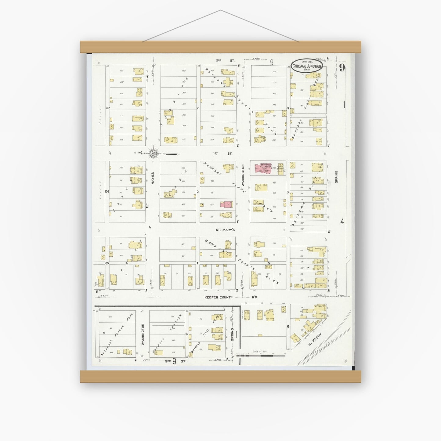 Old map wall art mockup — magnetic wood frame on white wall — Sanborn Fire Insurance Map from Chicago Junction, Huron County, Ohio (1911), Sheet #0009