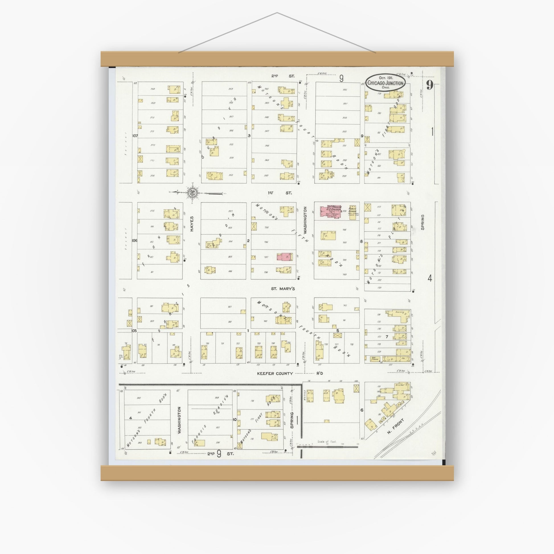 Old map wall art mockup — magnetic wood frame on white wall — Sanborn Fire Insurance Map from Chicago Junction, Huron County, Ohio (1911), Sheet #0009