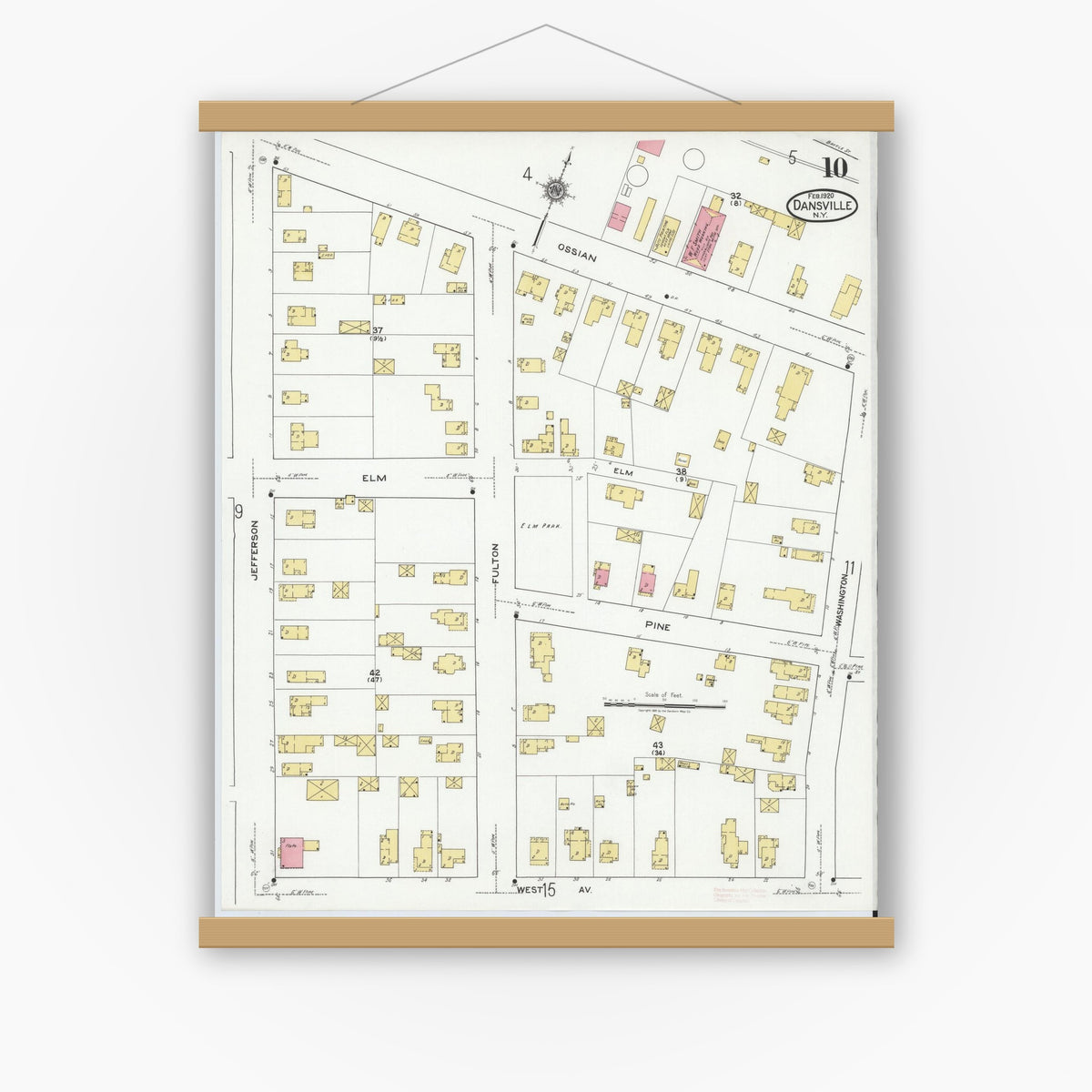 Old map wall art mockup — magnetic wood frame on white wall — Sanborn Fire Insurance Map from Dansville, Livingston County, New York (1920), Sheet #0010