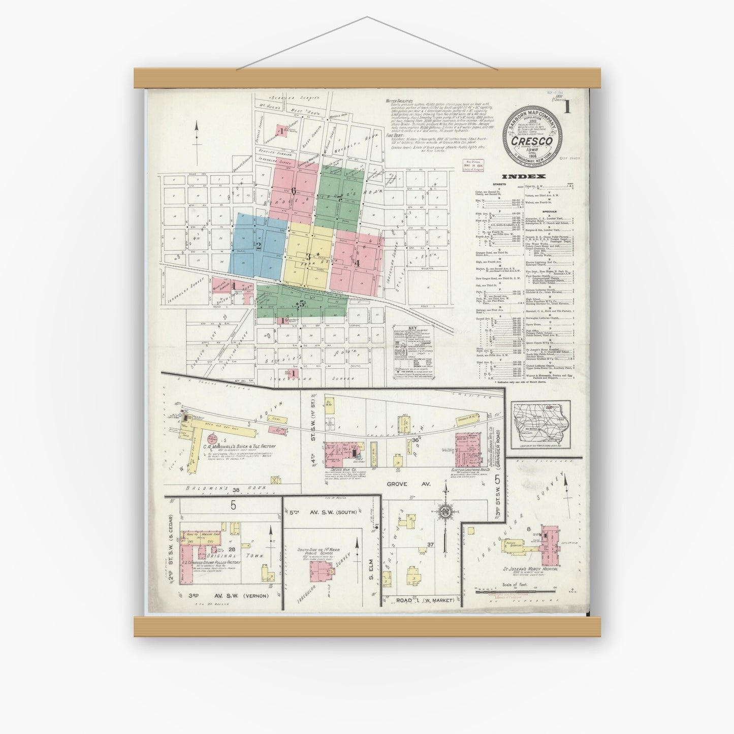 Old map wall art mockup — magnetic wood frame on white wall — Sanborn Fire Insurance Map from Cresco, Howard County, Iowa (1914), Sheet #0001