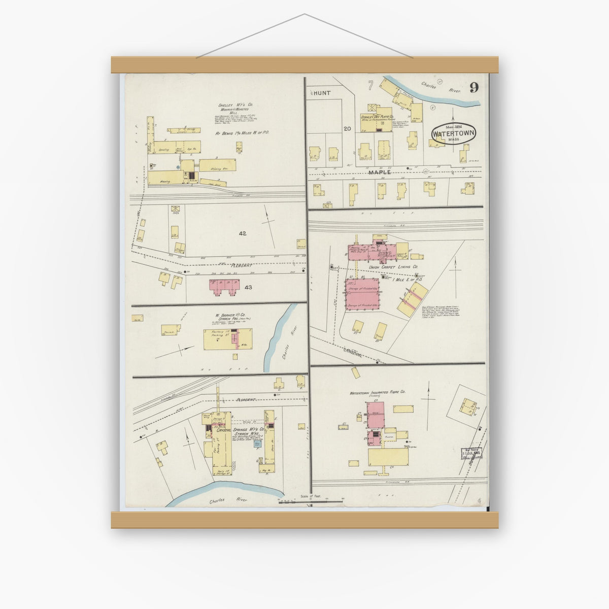 Old map wall art mockup — magnetic wood frame on white wall — Sanborn Fire Insurance Map from Watertown, Middlesex County, Massachusetts (1894), Sheet #0009