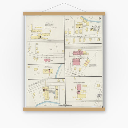 Old map wall art mockup — magnetic wood frame on white wall — Sanborn Fire Insurance Map from Watertown, Middlesex County, Massachusetts (1894), Sheet #0009