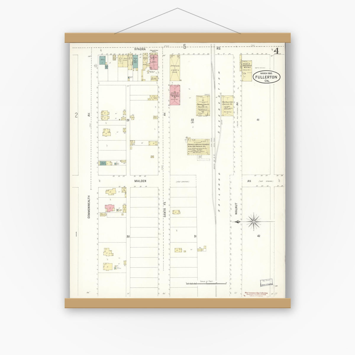 Old map wall art mockup — magnetic wood frame on white wall — Sanborn Fire Insurance Map from Fullerton, Orange County, California (1900), Sheet #0004