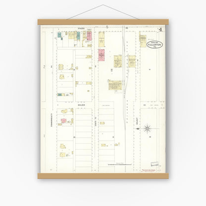 Old map wall art mockup — magnetic wood frame on white wall — Sanborn Fire Insurance Map from Fullerton, Orange County, California (1900), Sheet #0004
