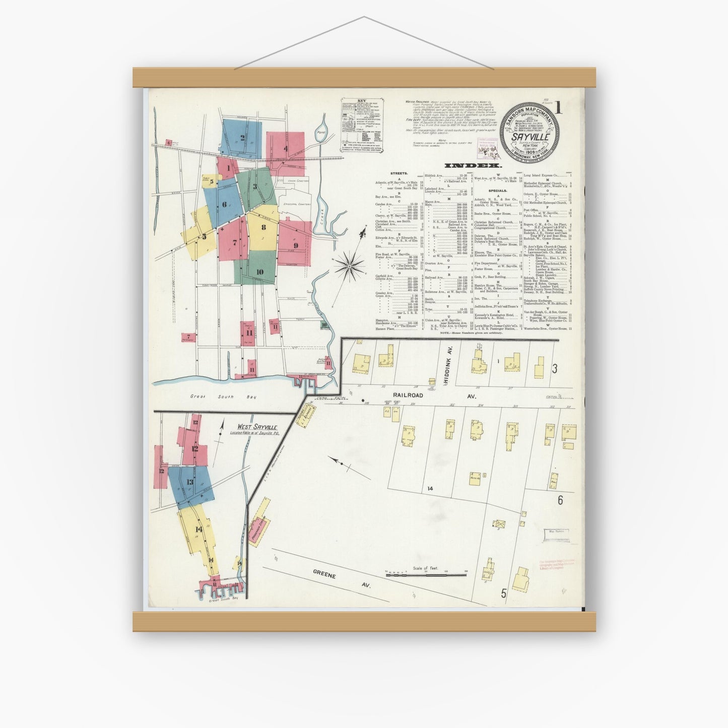 Old map wall art mockup — magnetic wood frame on white wall — Sanborn Fire Insurance Map from Sayville, Suffolk County, New York (1909), Sheet #0001