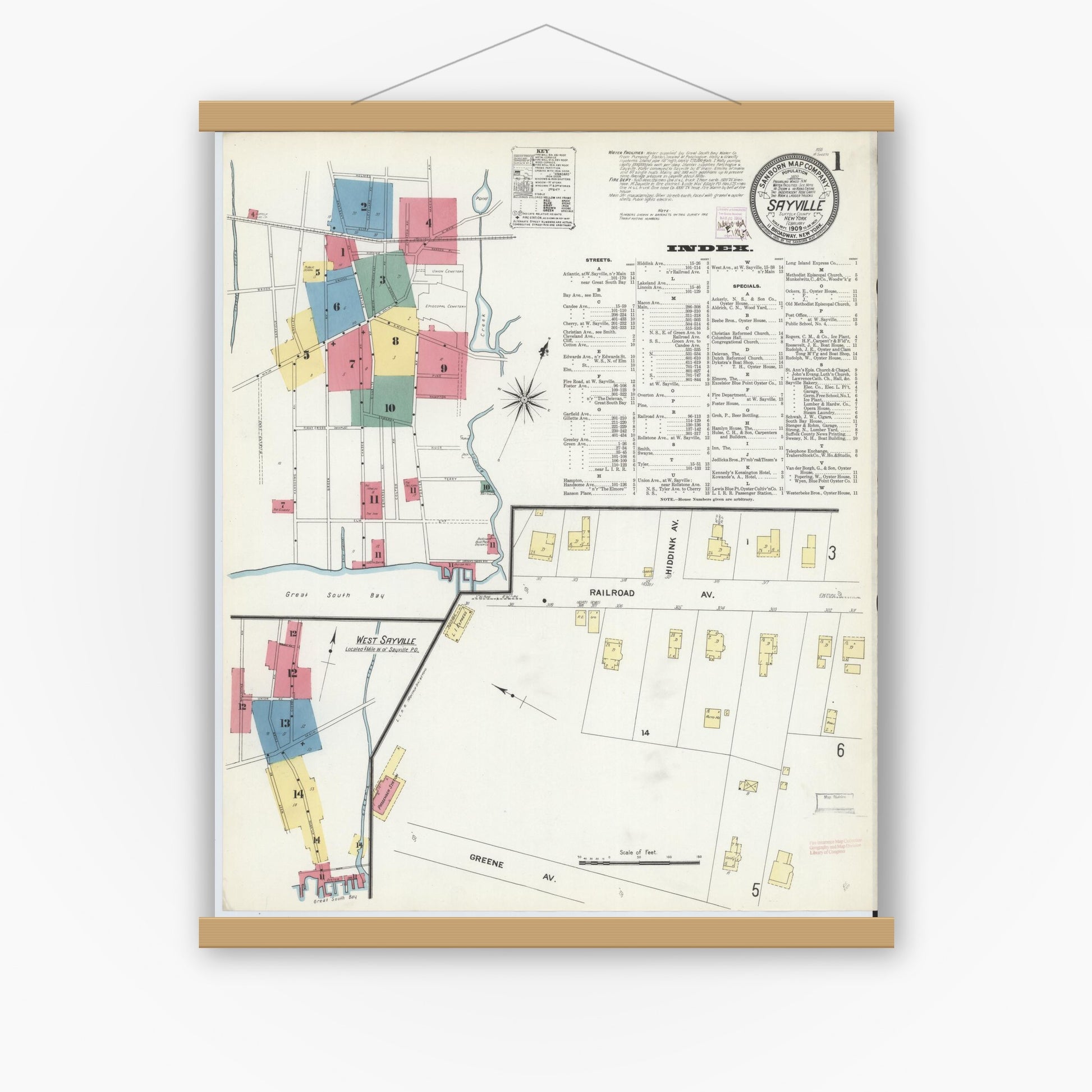 Old map wall art mockup — magnetic wood frame on white wall — Sanborn Fire Insurance Map from Sayville, Suffolk County, New York (1909), Sheet #0001