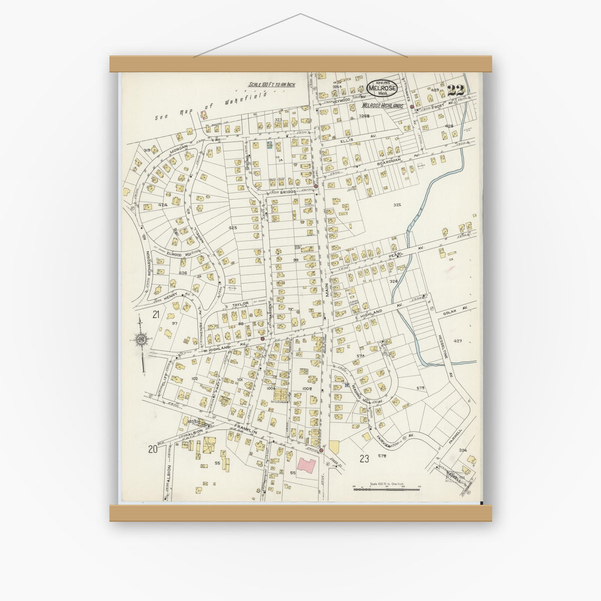 Old map wall art mockup — magnetic wood frame on white wall — Sanborn Fire Insurance Map from Melrose, Middlesex County, Massachusetts (1915), Sheet #0022