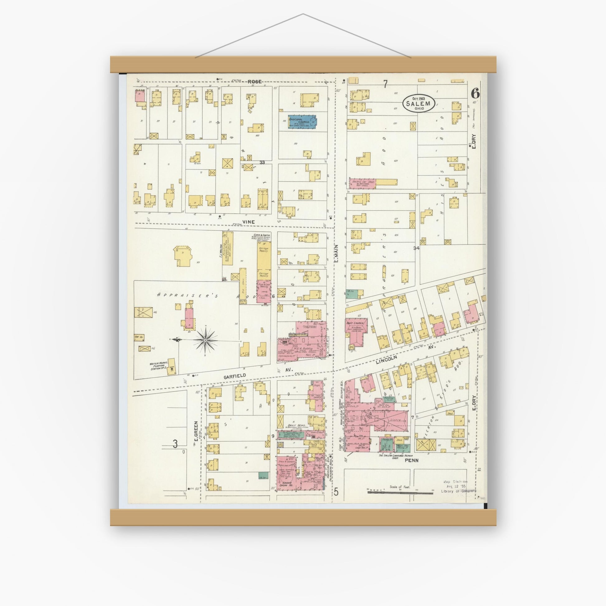 Old map wall art mockup — magnetic wood frame on white wall — Sanborn Fire Insurance Map from Salem, Columbiana County, Ohio (1903), Sheet #0006