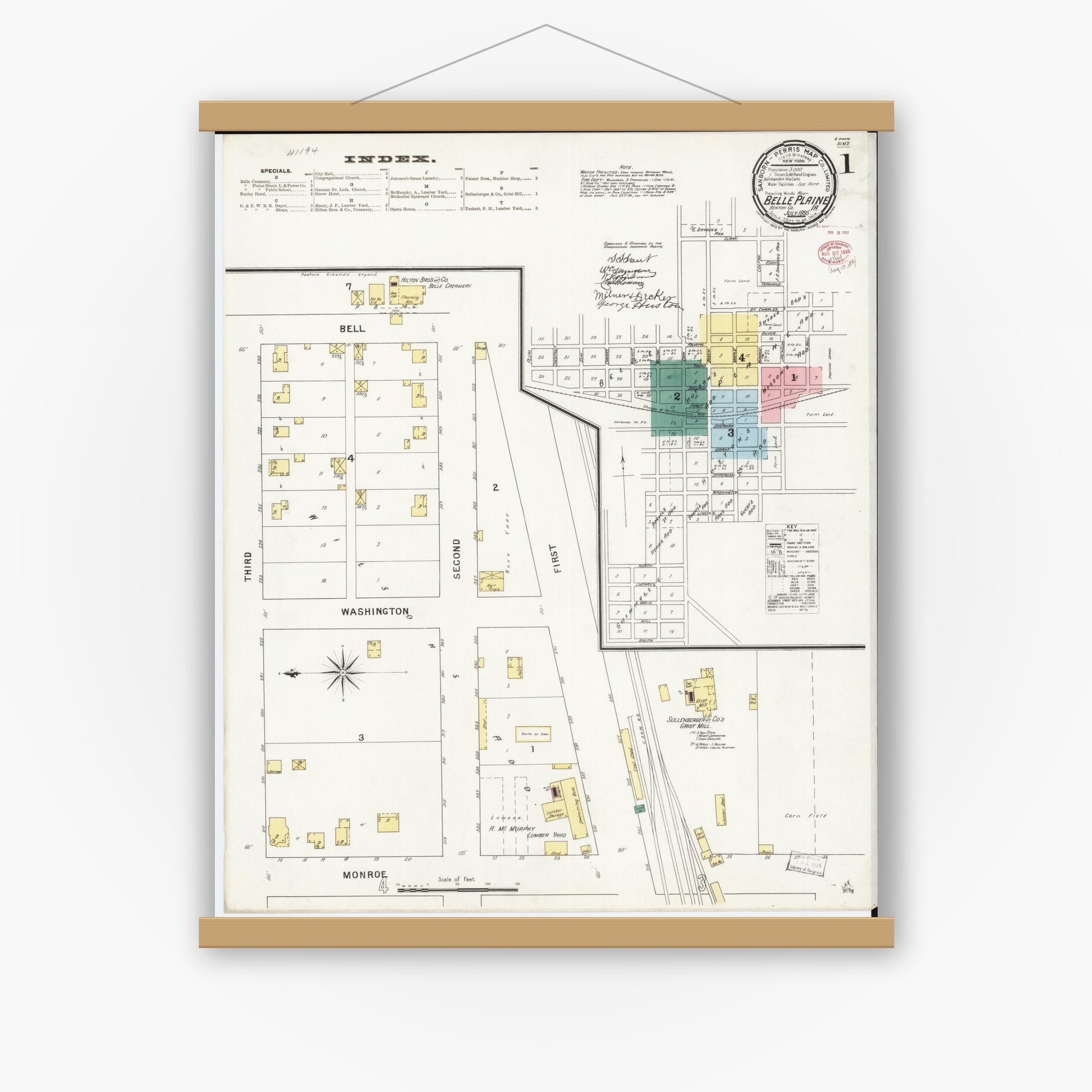 Old map wall art mockup — magnetic wood frame on white wall — Sanborn Fire Insurance Map from Belle Plaine, Benton County, Iowa (1895), Sheet #0001