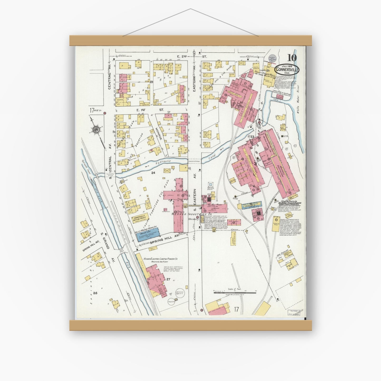 Old map wall art mockup — magnetic wood frame on white wall — Sanborn Fire Insurance Map from Connersville, Fayette County, Indiana (1919), Sheet #0010