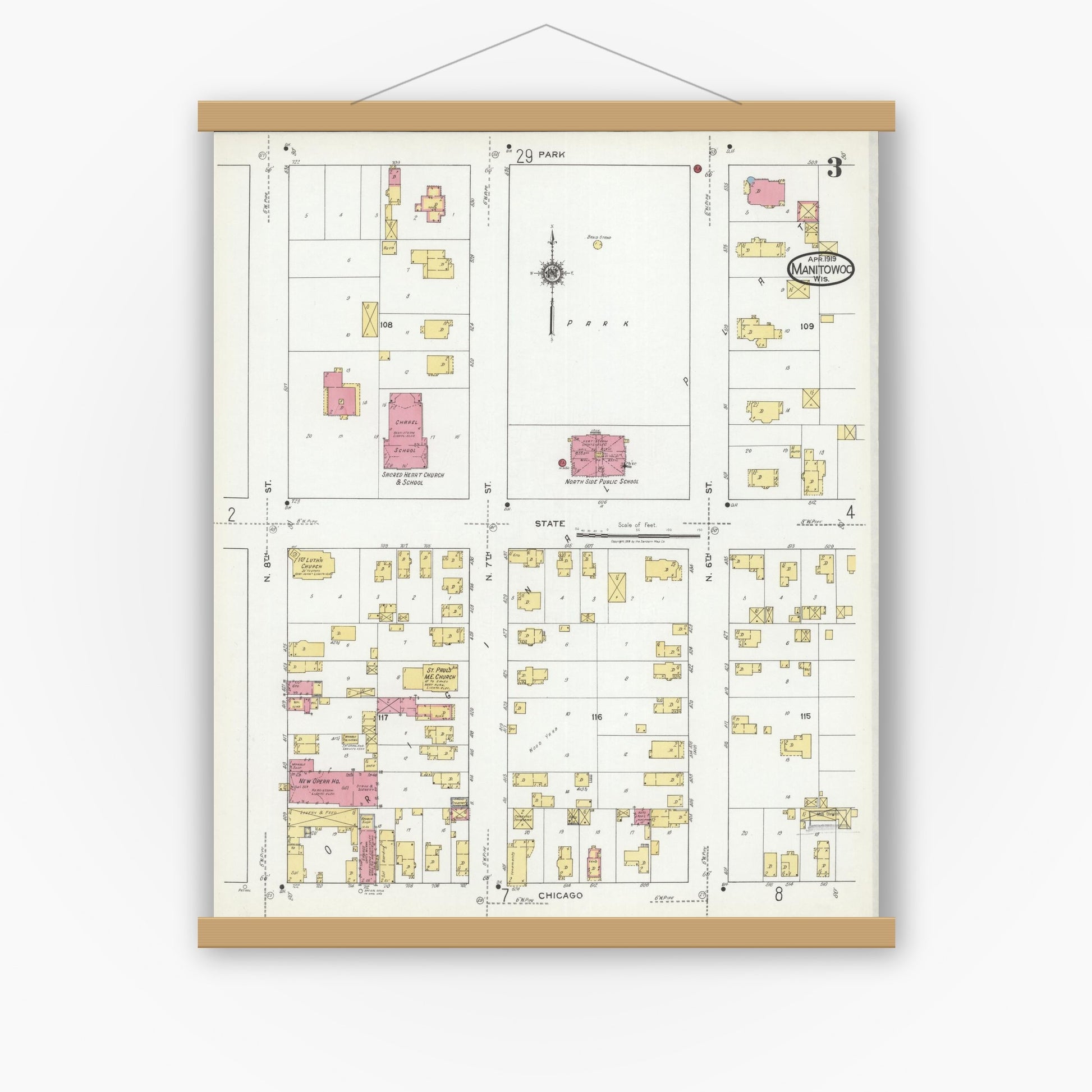 Old map wall art mockup — magnetic wood frame on white wall — Sanborn Fire Insurance Map from Manitowoc, Manitowoc County, Wisconsin (1919), Sheet #0003