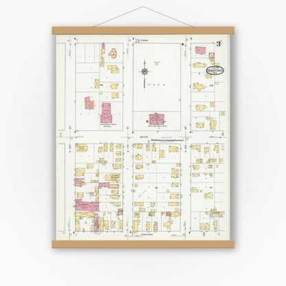 Old map wall art mockup — magnetic wood frame on white wall — Sanborn Fire Insurance Map from Manitowoc, Manitowoc County, Wisconsin (1919), Sheet #0003