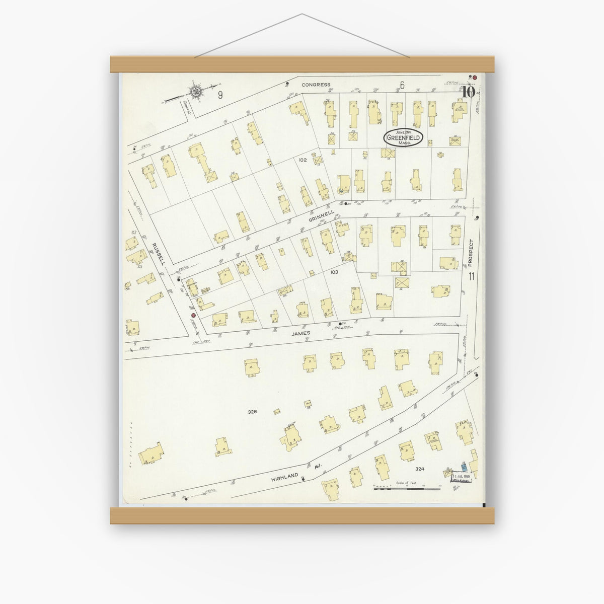 Old map wall art mockup — magnetic wood frame on white wall — Sanborn Fire Insurance Map from Greenfield, Franklin County, Massachusetts (1914), Sheet #0010