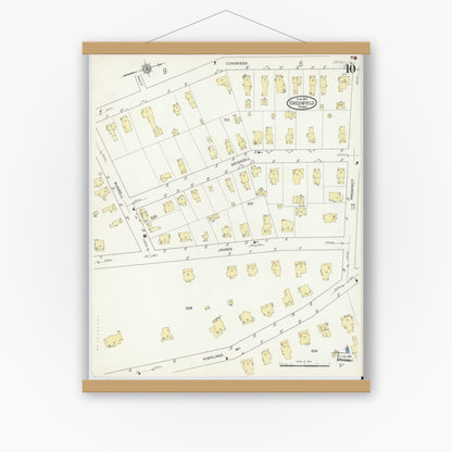 Old map wall art mockup — magnetic wood frame on white wall — Sanborn Fire Insurance Map from Greenfield, Franklin County, Massachusetts (1914), Sheet #0010