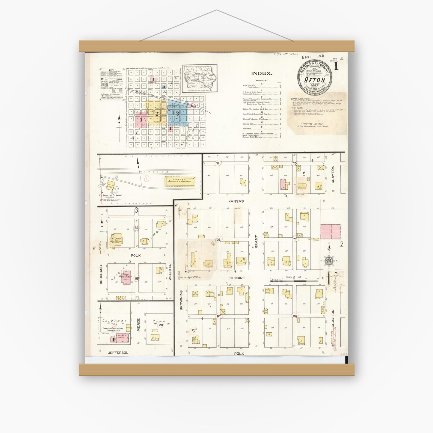 Old map wall art mockup — magnetic wood frame on white wall — Sanborn Fire Insurance Map from Afton, Union County, Iowa (1932) â€” Complete Set