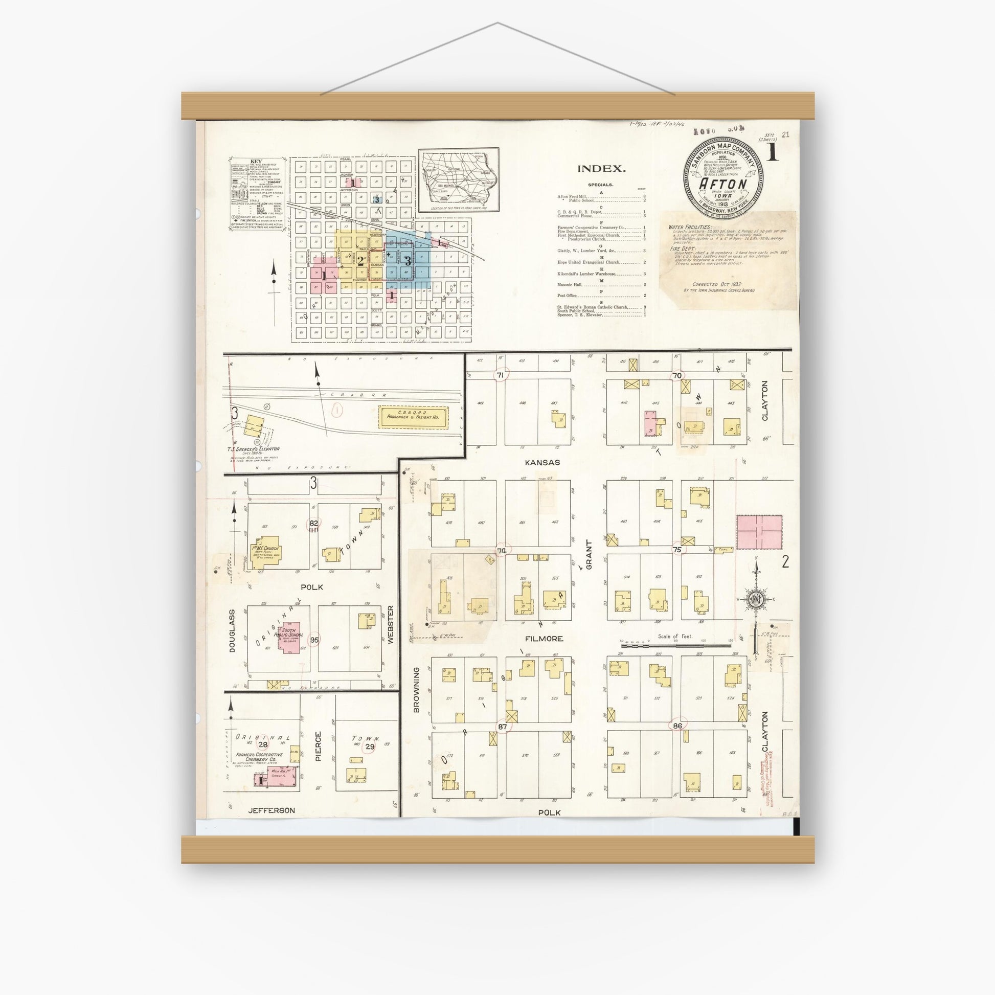 Old map wall art mockup — magnetic wood frame on white wall — Sanborn Fire Insurance Map from Afton, Union County, Iowa (1932) â€” Complete Set