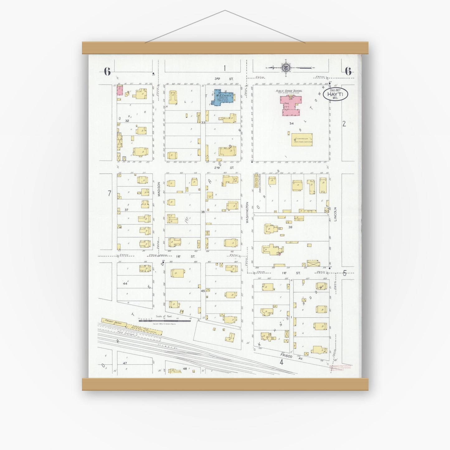Old map wall art mockup — magnetic wood frame on white wall — Sanborn Fire Insurance Map from Hayti, Pemiscot County, Missouri (1927), Sheet #0006