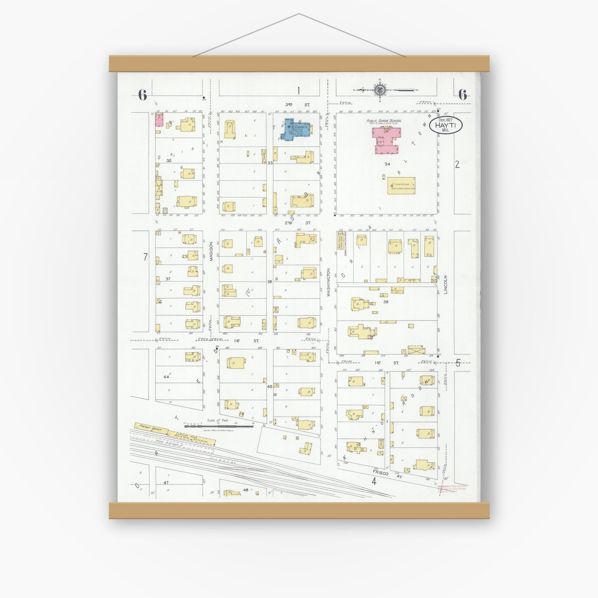 Old map wall art mockup — magnetic wood frame on white wall — Sanborn Fire Insurance Map from Hayti, Pemiscot County, Missouri (1927), Sheet #0006