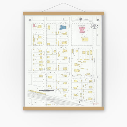 Old map wall art mockup — magnetic wood frame on white wall — Sanborn Fire Insurance Map from Hayti, Pemiscot County, Missouri (1927), Sheet #0006