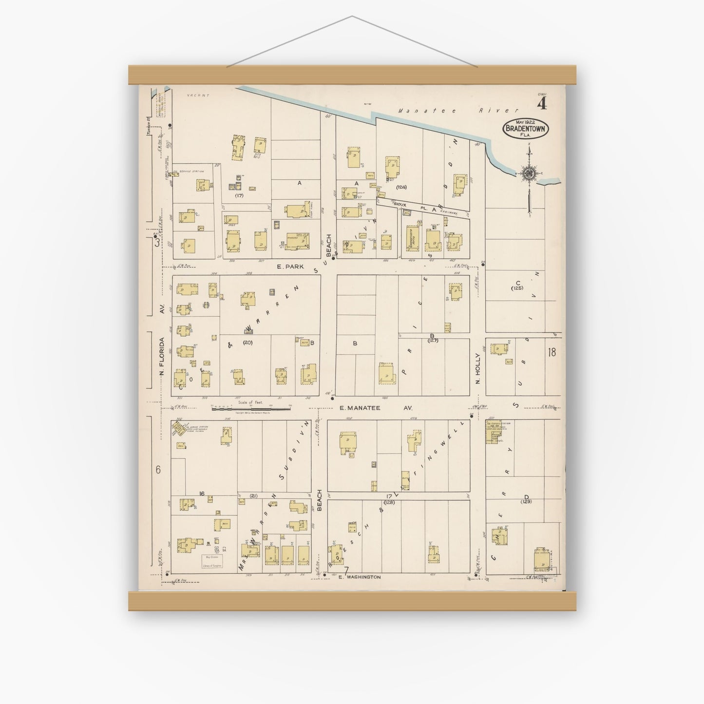 Old map wall art mockup — magnetic wood frame on white wall — Sanborn Fire Insurance Map from Bradentown, Manatee County, Florida (1922), Sheet #0004