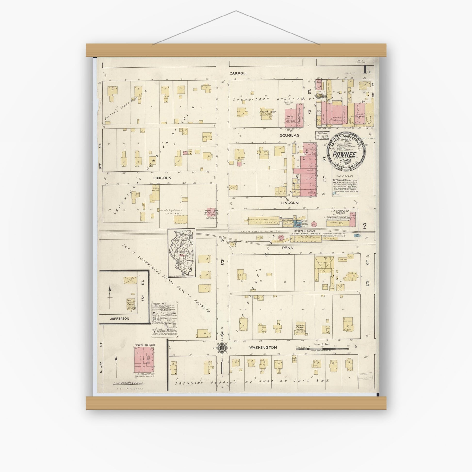 Old map wall art mockup — magnetic wood frame on white wall — Sanborn Fire Insurance Map from Pawnee, Sangamon County, Illinois (1917) - Complete Map Set
