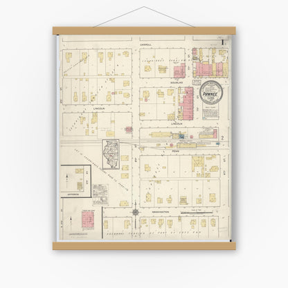 Old map wall art mockup — magnetic wood frame on white wall — Sanborn Fire Insurance Map from Pawnee, Sangamon County, Illinois (1917) - Complete Map Set