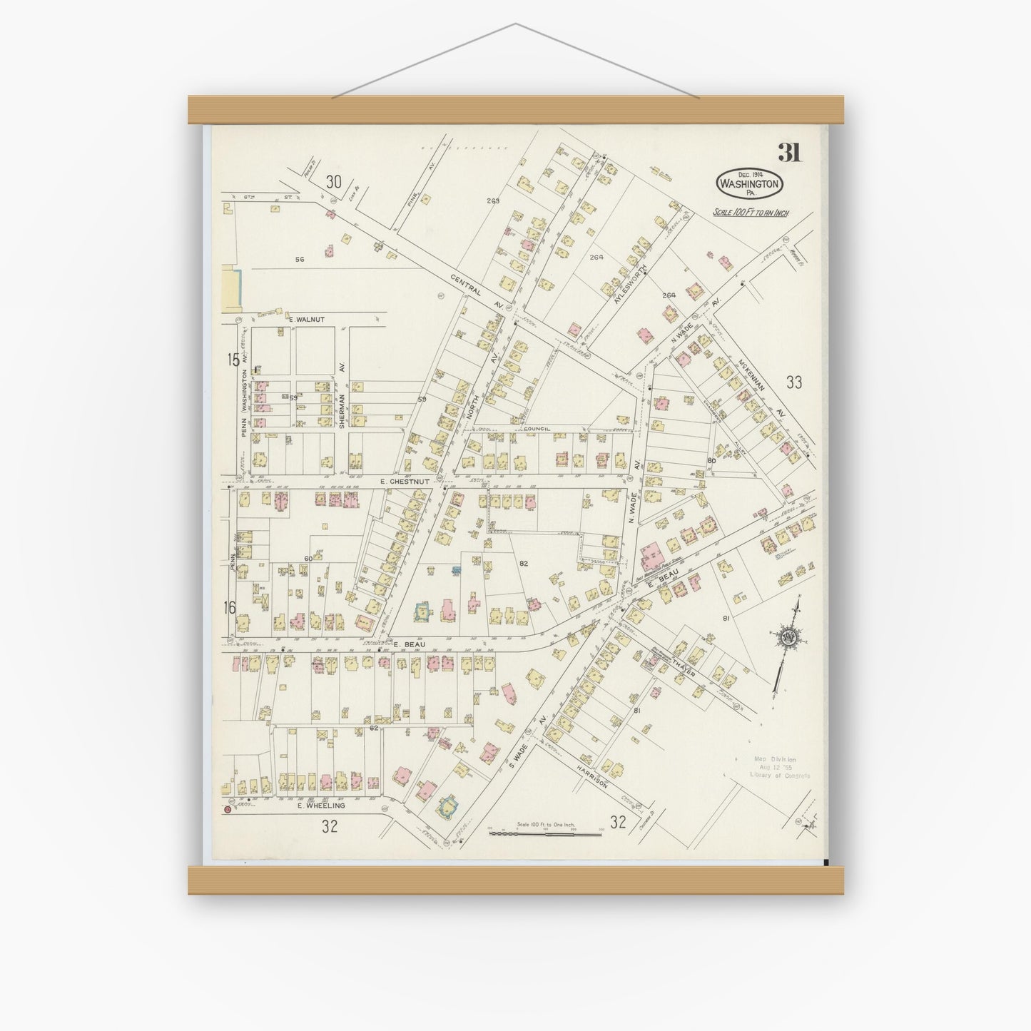 Old map wall art mockup — magnetic wood frame on white wall — Sanborn Fire Insurance Map from Washington, Washington County, Pennsylvania (1914), Sheet #0031