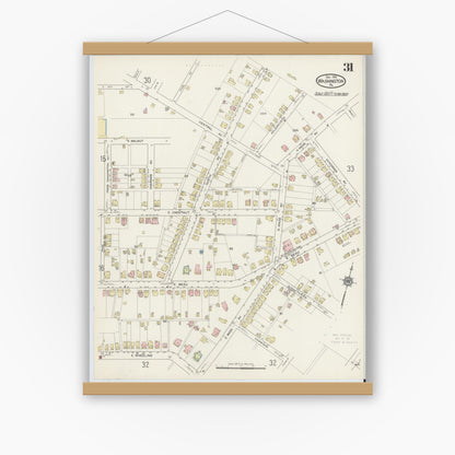 Old map wall art mockup — magnetic wood frame on white wall — Sanborn Fire Insurance Map from Washington, Washington County, Pennsylvania (1914), Sheet #0031