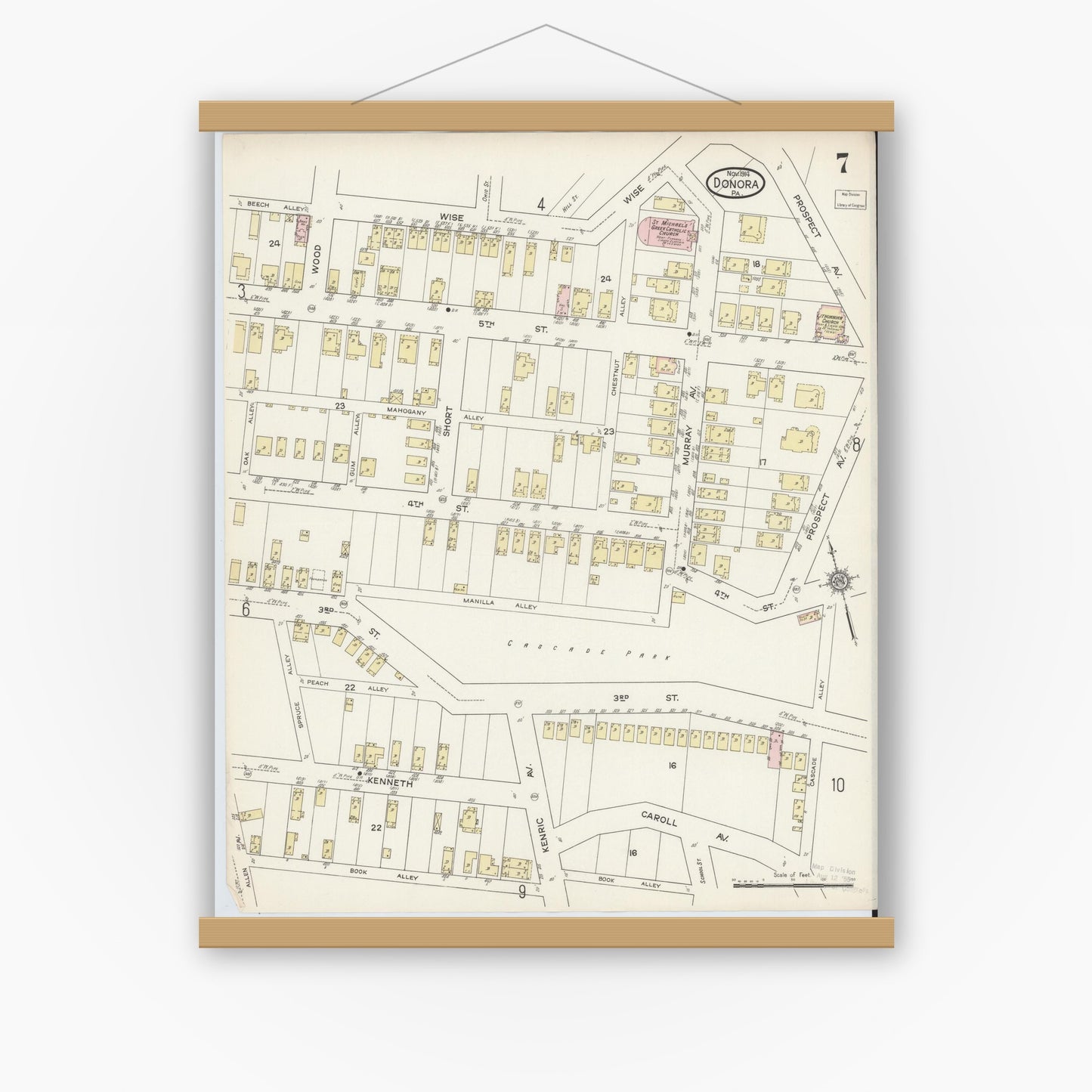 Old map wall art mockup — magnetic wood frame on white wall — Sanborn Fire Insurance Map from Donora, Washington County, Pennsylvania (1914), Sheet #0007