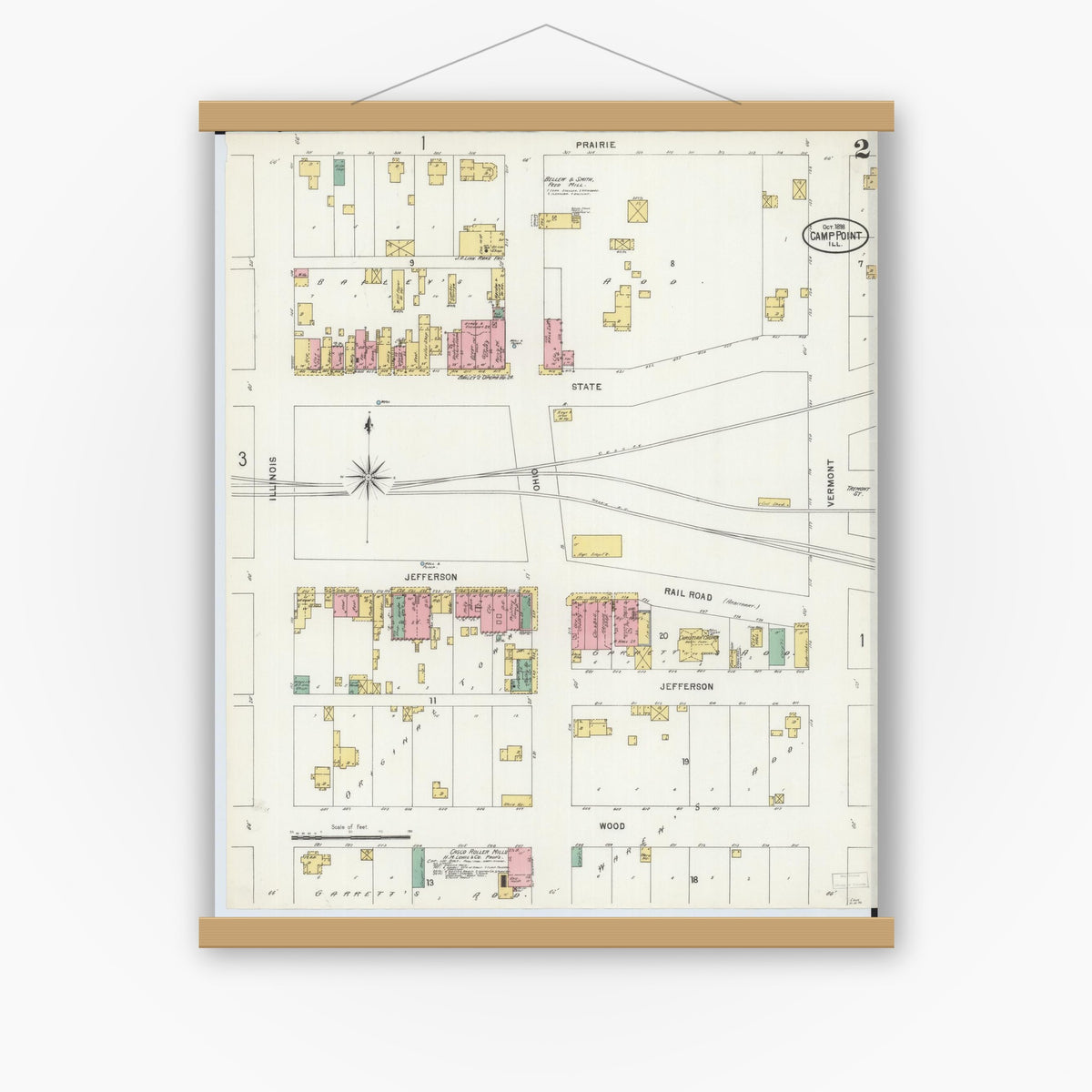 Old map wall art mockup — magnetic wood frame on white wall — Sanborn Fire Insurance Map from Camp Point, Adams County, Illinois (1898), Sheet #0002