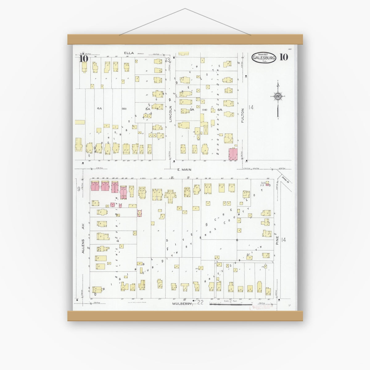 Old map wall art mockup — magnetic wood frame on white wall — Sanborn Fire Insurance Map from Galesburg, Knox County, Illinois (1927), Sheet #0010