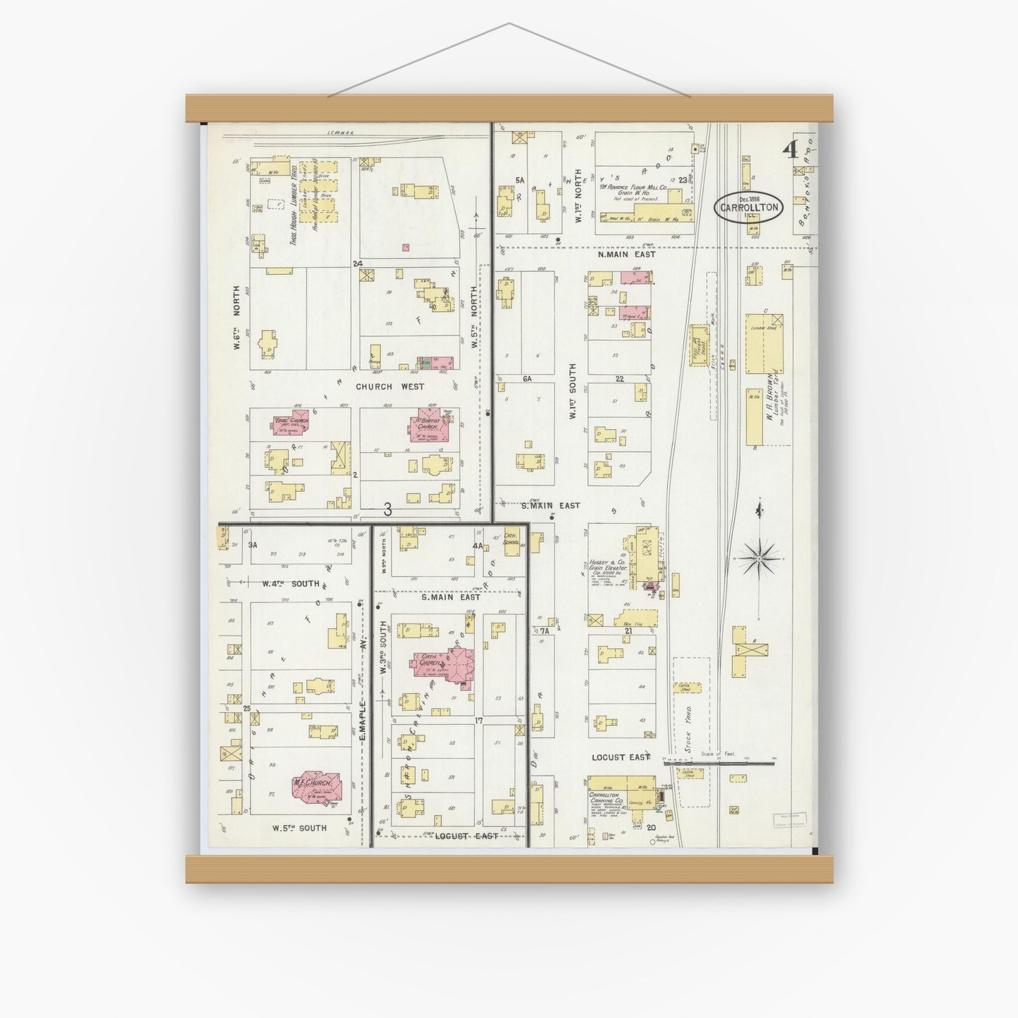 Old map wall art mockup — magnetic wood frame on white wall — Sanborn Fire Insurance Map from Carrollton, Greene County, Illinois (1898), Sheet #0004